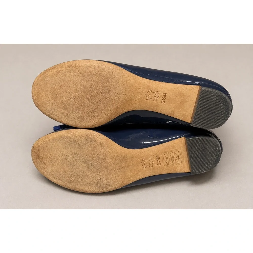 Tory Burch Patent Leather Ballet Flats Womens 6.5M Navy Blue Good Logo Bow 5930A